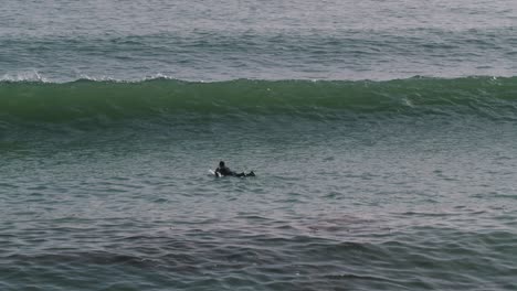 60FPS:-Surfer-paddles-through-breaking-waves-in-perfect-surf-conditions---Smooth-pan-motion