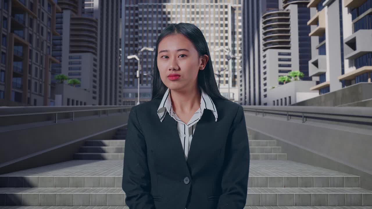 도시에서 카메라를 바라보는 끔찍한 아시아 사업가