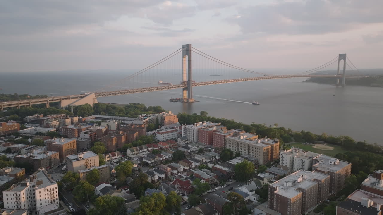 Aerial view of New York City's Verrazzano-Narrows Bridge at dusk