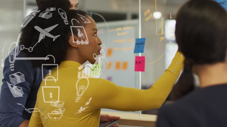 Animation of financial data processing over diverse business people in office