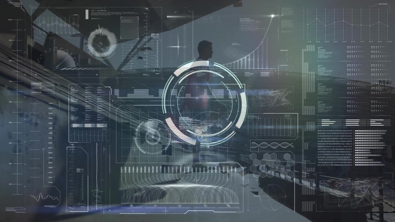 Businessman Standing on Escalator with Digital Data Overlay