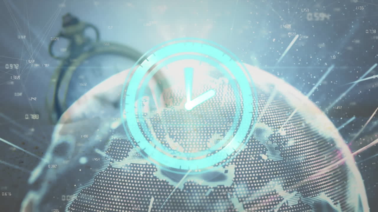 анимация движущихся часов над обработкой данных и глобусом