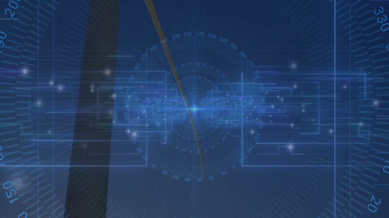 Animation of futuristic digital interface with glowing blue data in school setting