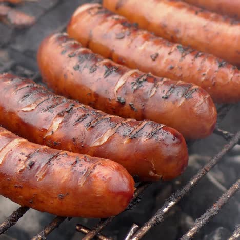 hot tasty grilled sausages frying on smoking barbecue  slow motion video