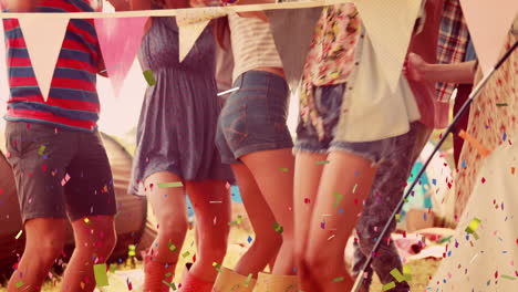 animation of multi coloured confetti falling over people dancing