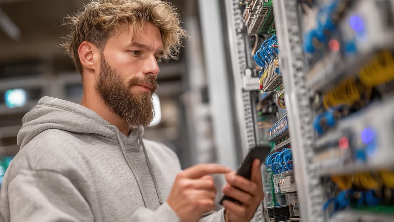 Um profissional focado interagindo com a tecnologia: um indivíduo de moletom cinza analisando dados em um smartphone perto de sistemas de fiação complexos