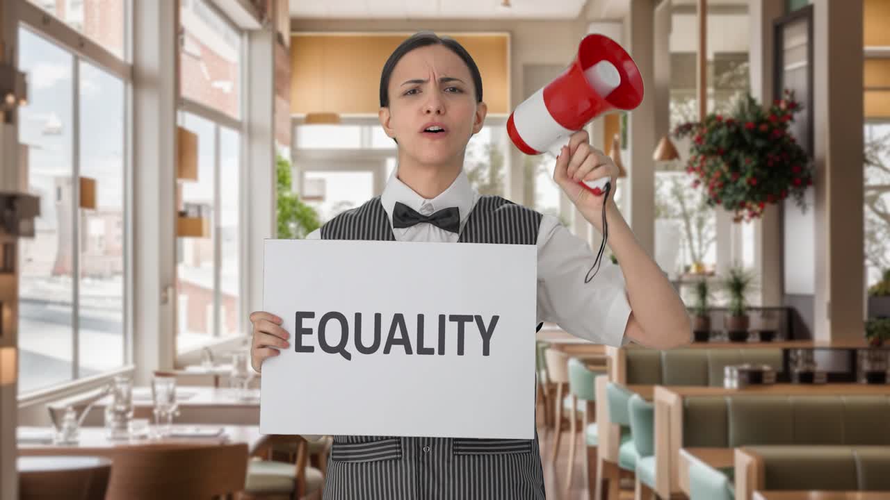 Angry Indian woman waiter protesting for EQUALITY