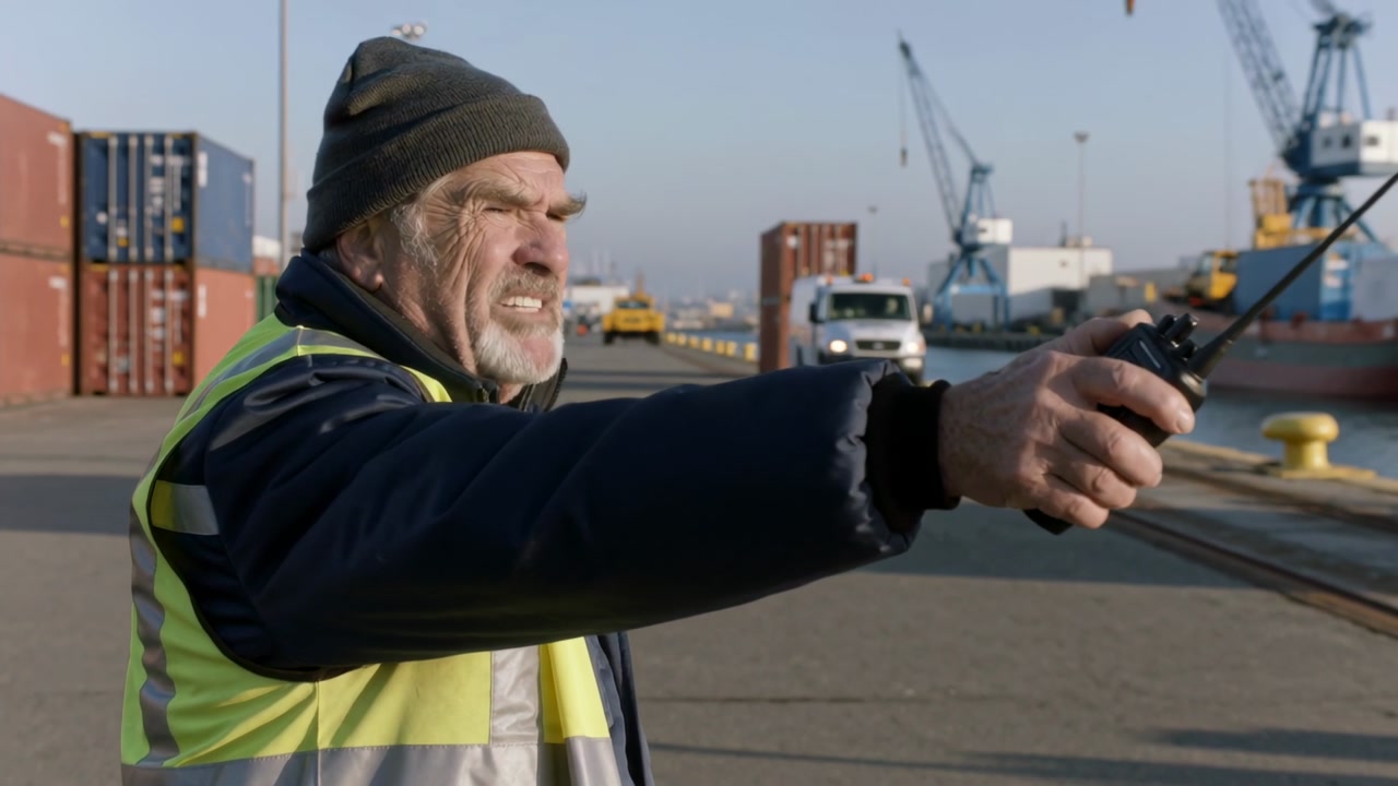 Seeing trucks senior worker in hi-vis vest raising arm keying radio directing on quay, copy space