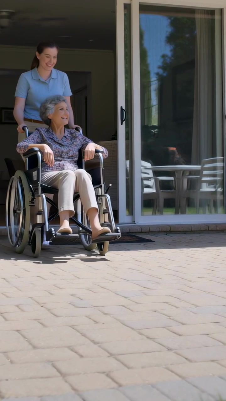 Video verticale: Porta scorrevole che si apre, un assistente con polo blu spinge una sedia a rotelle sul patio per godersi il sole.