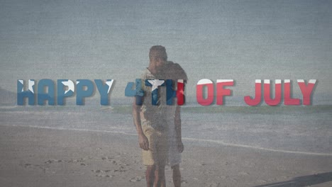 animation of happy 4th of july text with american flag pattern waving over couple in love on beach