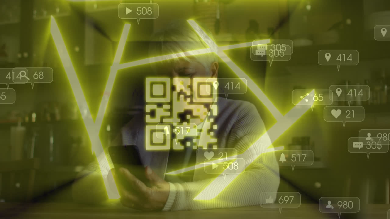 Animation of qr code over woman using smartphone