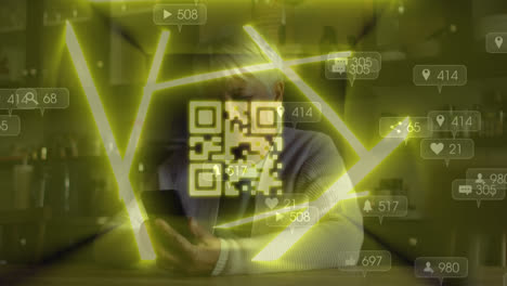 animation of qr code over woman using smartphone