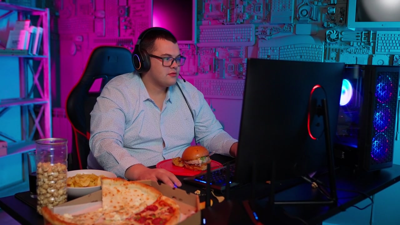 Young Man Gaming and Eating Fast Food in Neon Lit Room