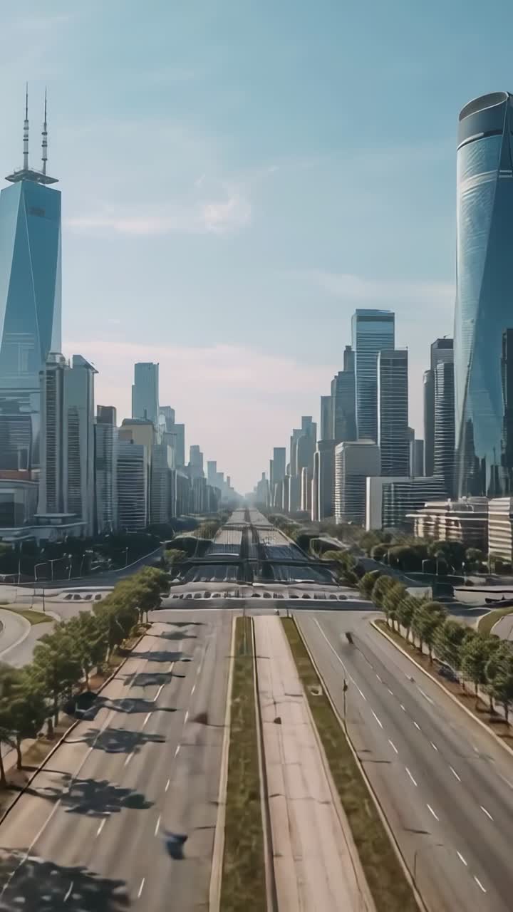Vertical video: Beginning aerial camera gliding along central boulevard, revealing overpass bridge