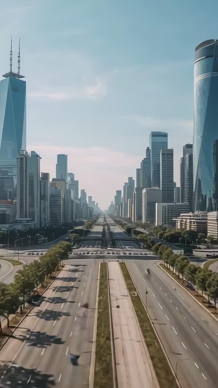 Video verticale: ripresa aerea iniziale con la telecamera che scivola lungo il viale centrale, rivelando un ponte sopraelevato