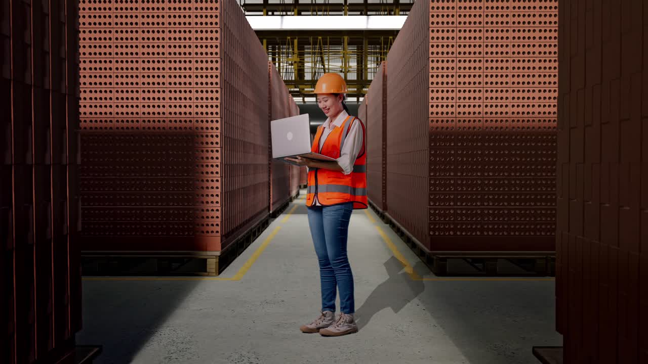 Full Body Side View Of Asian Female Engineer With Safety Helmet Working On A Laptop While Standing With Red Brick Packed in Stacks Are Stored