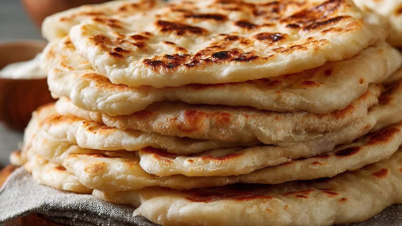 Golden-Brown Flatbreads Stacked Neatly on a Cloth, Showcasing Their Crisp Texture and Deliciously Charred Surface Ready to Be Enjoyed