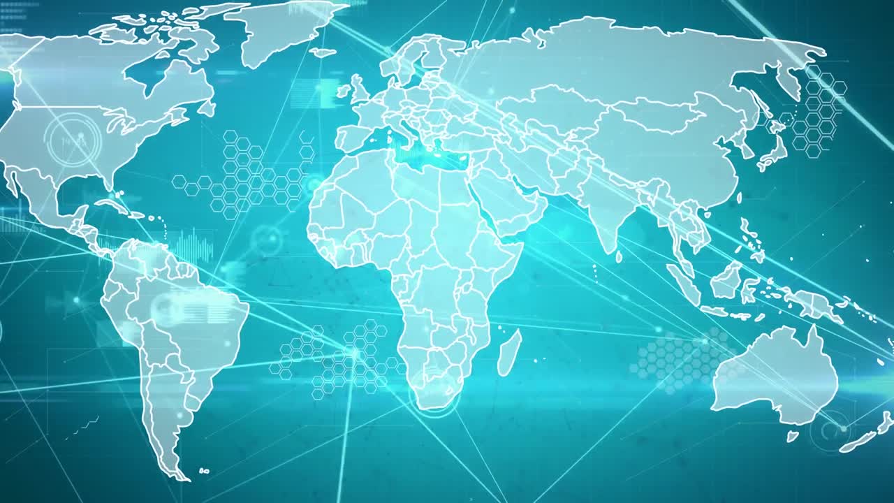 animación de la red de conexiones y procesamiento de datos sobre el mapa del mundo sobre fondo azul