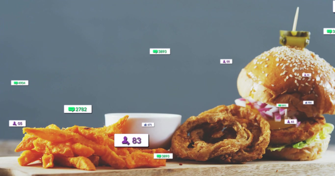 Animated badges appearing on cursor move, clustering over food as camera panning right showing buzz