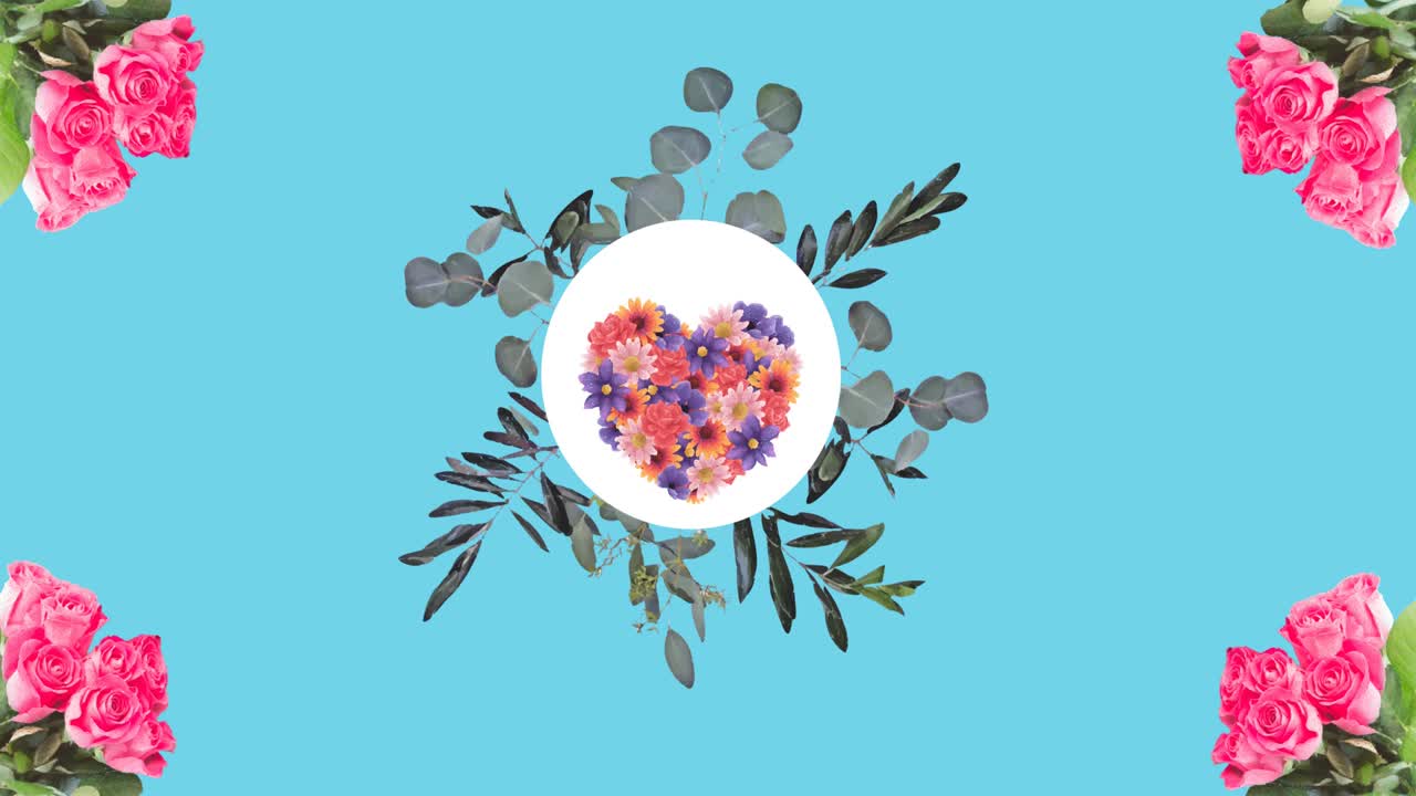 파란색 배경에 최면 운동으로 움직이는 꽃 위에 거대한 판매 텍스트의 애니메이션