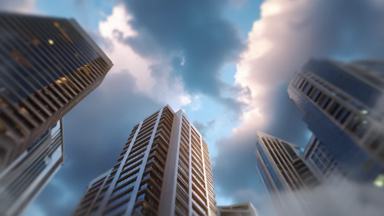Horizonte urbano com edifícios imponentes sob nuvens dramáticas e contrastes de céu azul capturados de uma perspectiva de baixo ângulo ao entardecer ou à luz do amanhecer