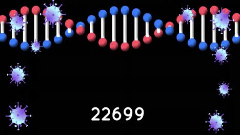 animación de la cadena de adn y las células que caen sobre un fondo oscuro