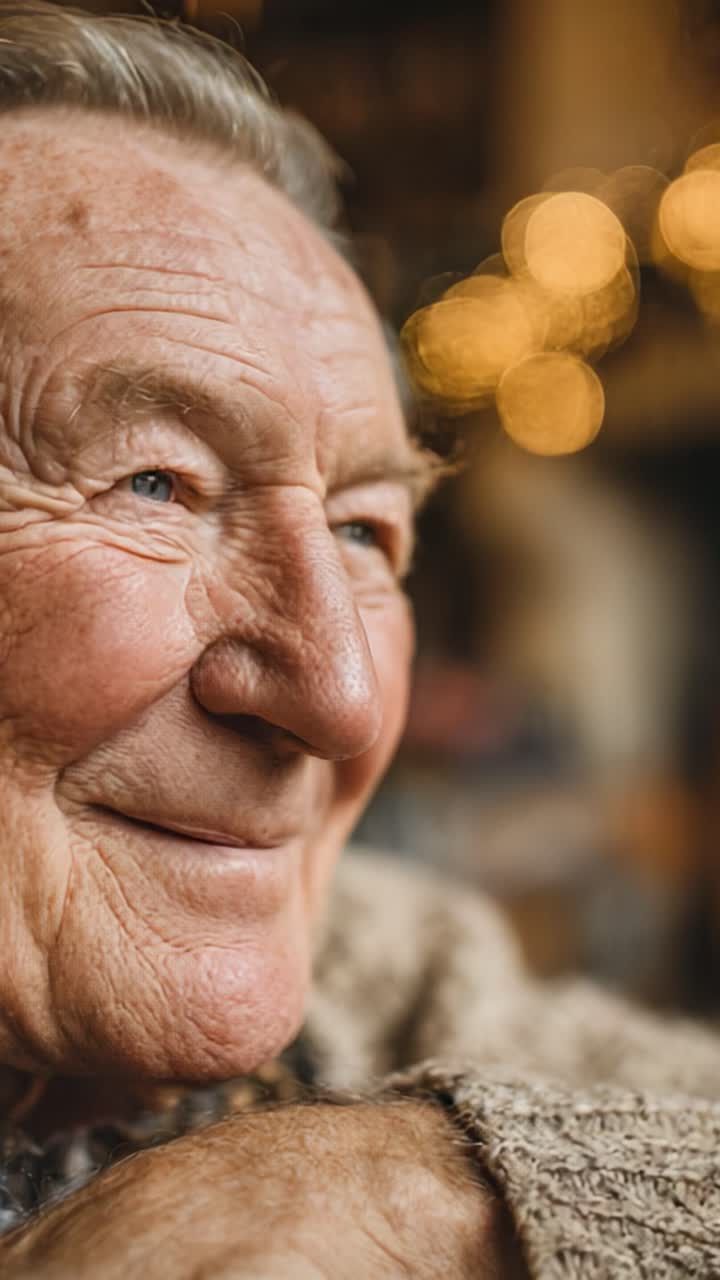 Um close-up emocionante de um homem idoso sorrindo contente, capturando a profundidade de sua experiência de vida e sabedoria em uma atmosfera aconchegante com luzes suaves e brilhantes