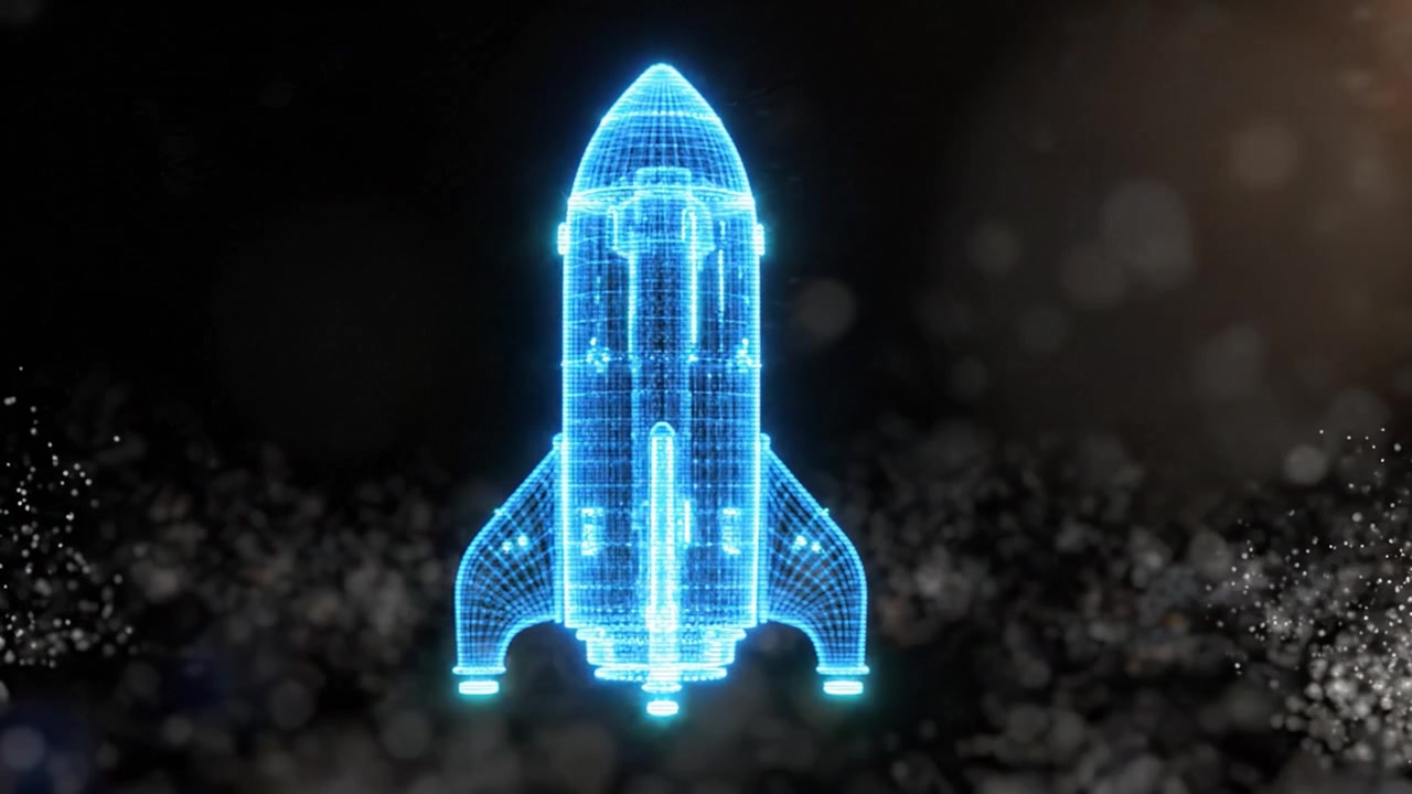 Una straordinaria visualizzazione digitale di un modello di razzo, che mostra una struttura olografica ad alta tecnologia con effetti di particelle turbolente sullo sfondo in un ambiente cosmico.
