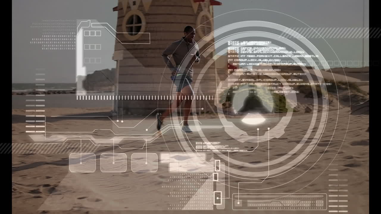 Corridore uomo che corre lungo una spiaggia sabbiosa, mostrando grafici HUD e dati sulle prestazioni della tecnologia fitness.