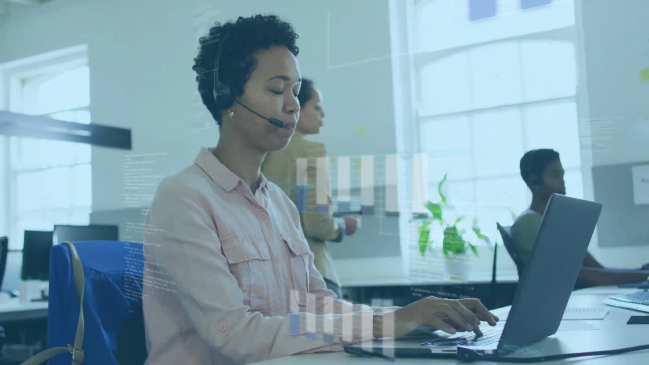 Animation der Finanzdatenverarbeitung über verschiedene Geschäftsleute im Büro