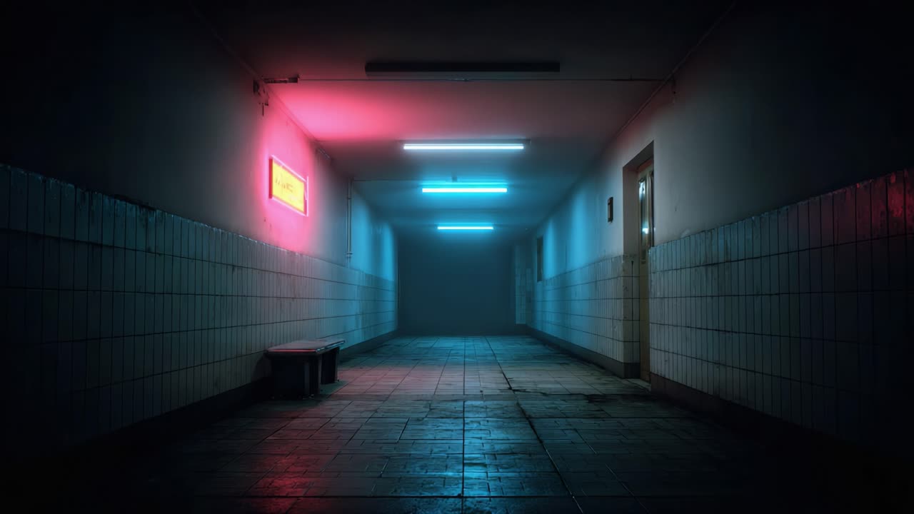 A Mysterious Hallway Illuminated by Neon Lights, Creating an Eerie Atmosphere with Shadows and Texture on the Walls and Floor, Perfect for an Unsettling Experience