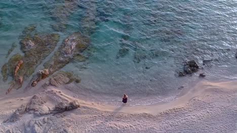 Aerial-view-of-a-woman-standing-on-a-sandy-beach-looking-towards-the-ocean