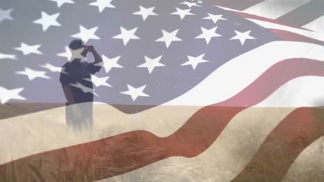 Animation-of-american-flag-blowing-with-man-stood-in-wheat-field-looking-away