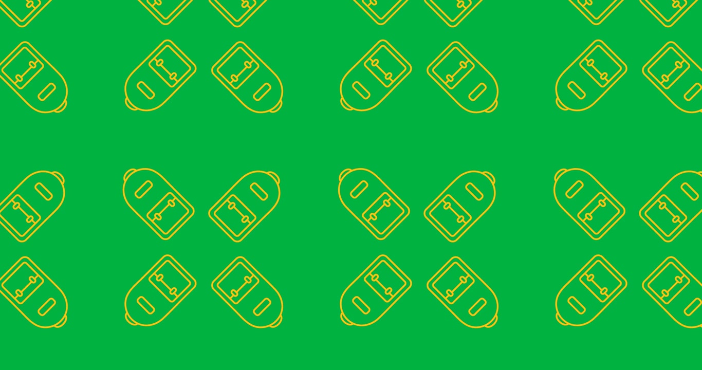 Digital animation of multiple yellow school bag icons in seamless motion against black background
