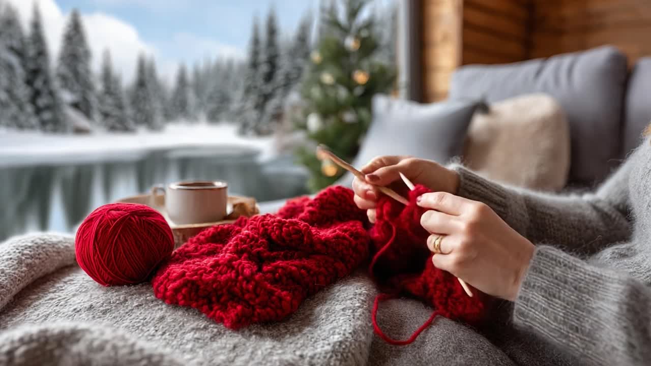 Enjoying a Cozy Winter Afternoon: Knitting by the Scenic Window with a Warm Drink and Festive Decor, Perfect for Seasonal Relaxation and Creativity