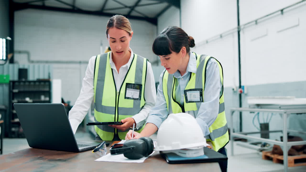 mujeres ingenieras colaborando en un entorno de fábrica.