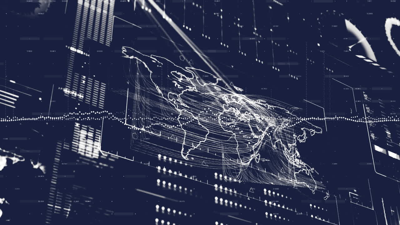 추상적인 배경에 대한 로딩 바, 글로브, 지도 및 원 위의 그래프의 애니메이션