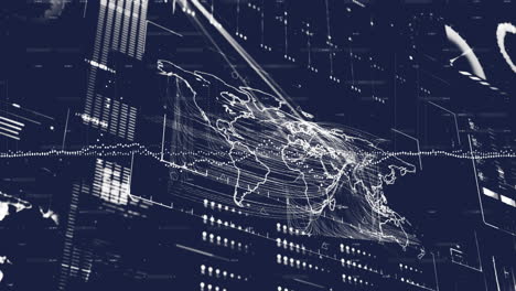 animation of graph over loading bars, globe, map and circles against abstract background