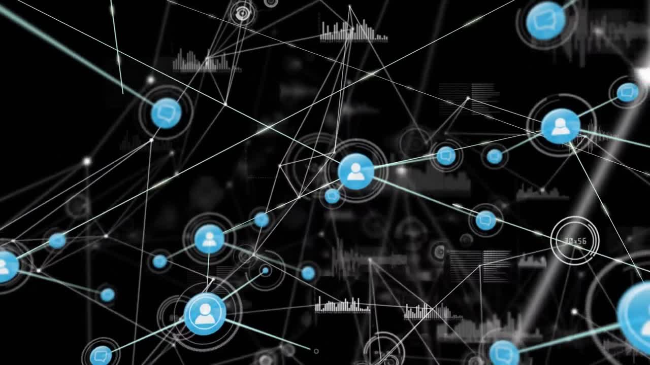Animation of network of connections with icons and data processing over black background