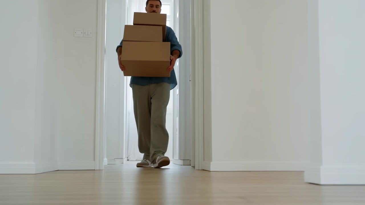 Un uomo adulto avanza attraverso un corridoio interno bianco tenendo diverse scatole di cartone marroni, poi rallenta e si china mentre la pila scende verso il pavimento in una luce diurna soffusa.