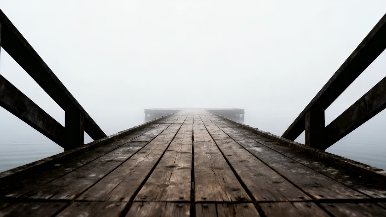 Tracking camera after push, moving along wet pier with railings, revealing foggy horizon