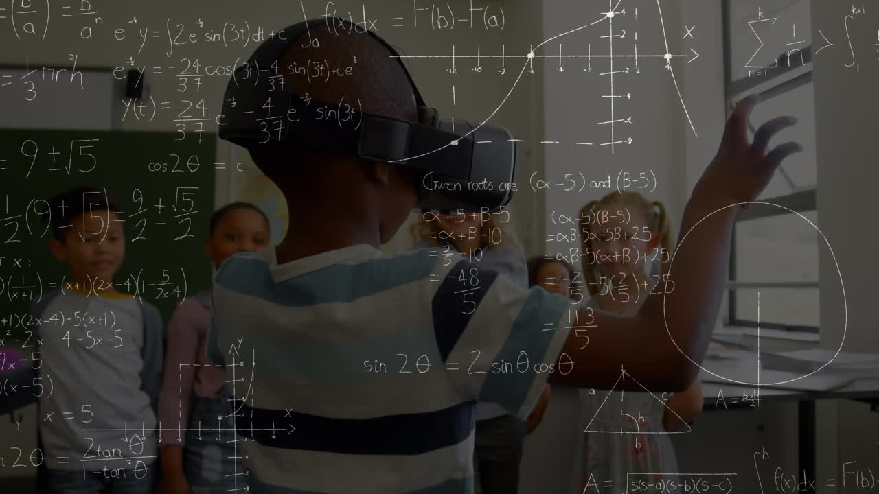Animation of mathematical formulas over schoolboy using vr headset