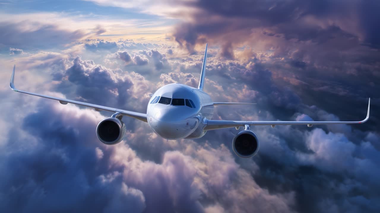 Una vista spettacolare di un aereo moderno che solca con eleganza un cielo vivido, pieno di nuvole dinamiche, catturando l'essenza del viaggio aereo e dell'avventura
