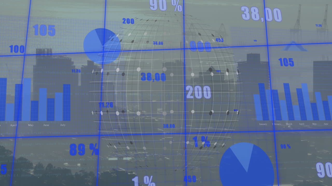 animación del procesamiento de datos financieros sobre el paisaje urbano