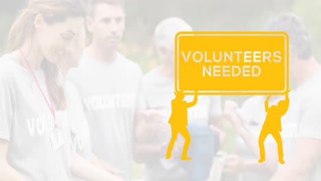 animation of diverse group of volunteers over volunteers needed text