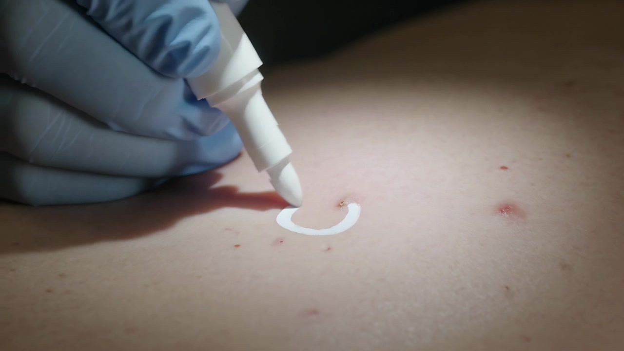 Lowering blue nitrile-gloved hand, pressing white tip and applying cream to treat lesion in clinic