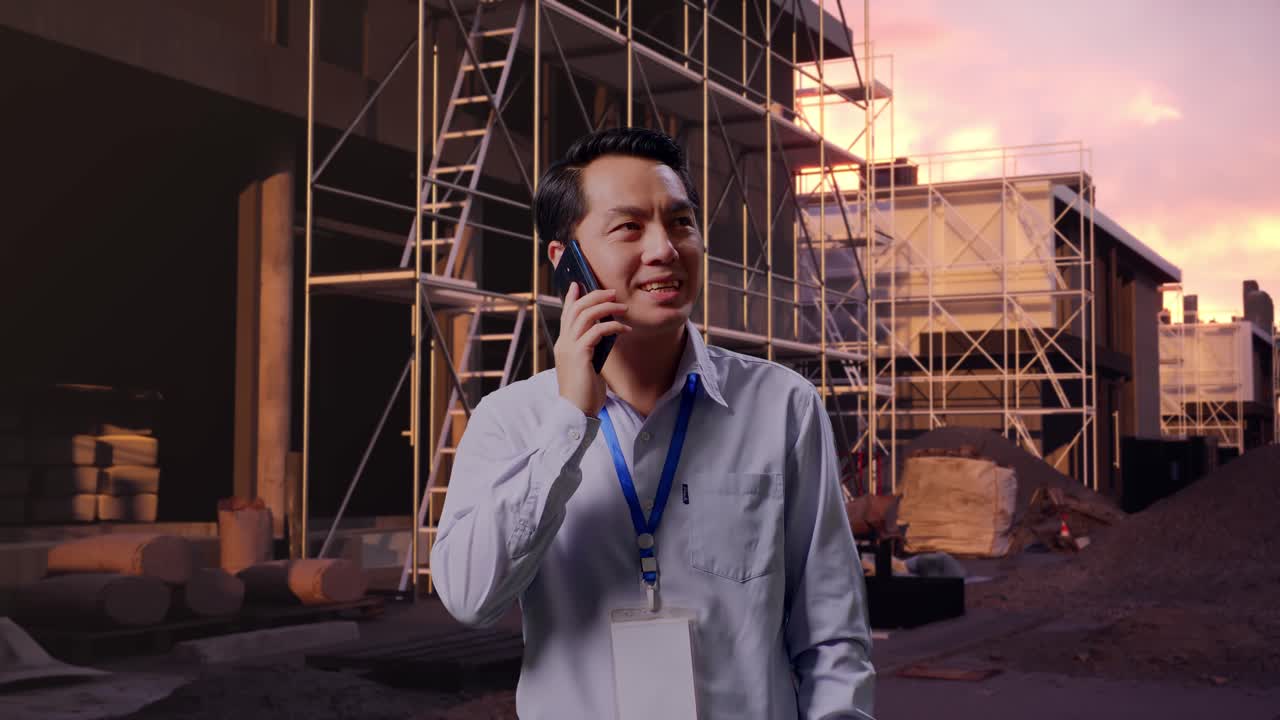 Trabajador profesional asiático de pie en una obra en construcción de una nueva casa; coge el teléfono y empieza a hablar.