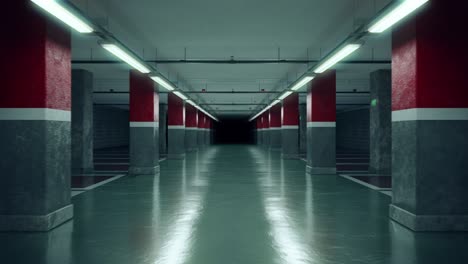 walking through an empty underground parking garage.