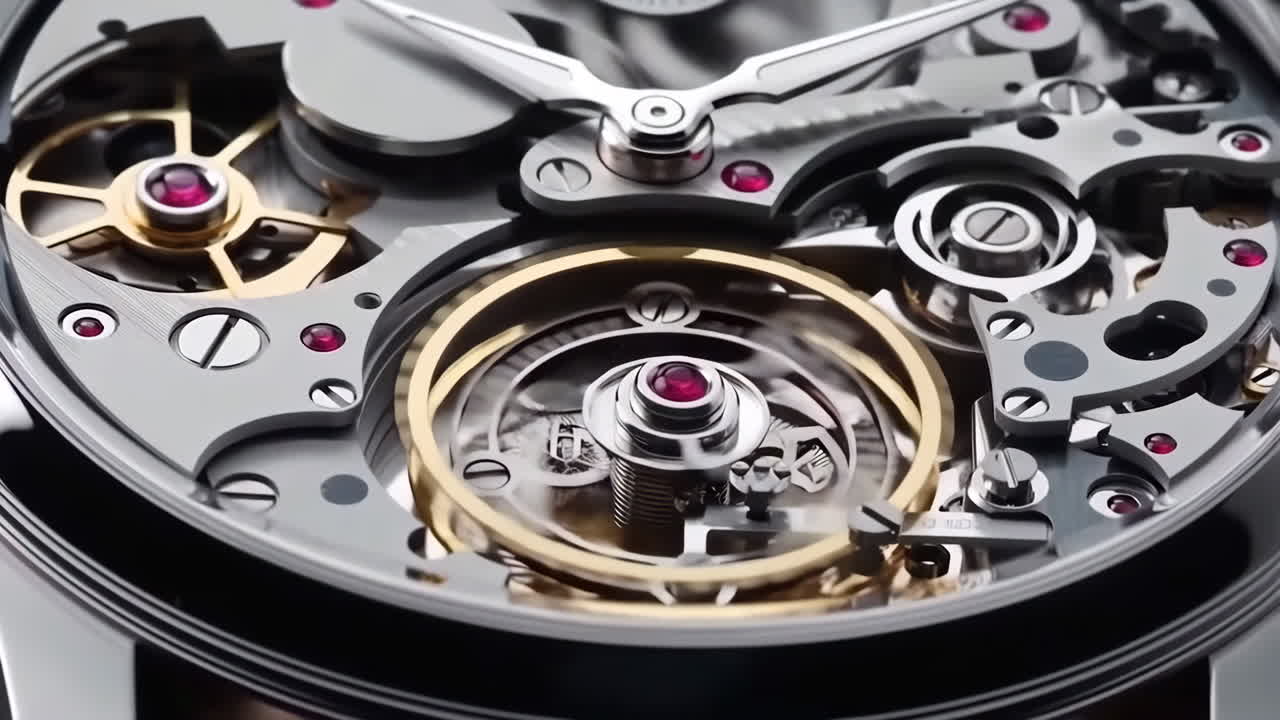 Close-up of an intricate mechanical watch movement with gears and jewels