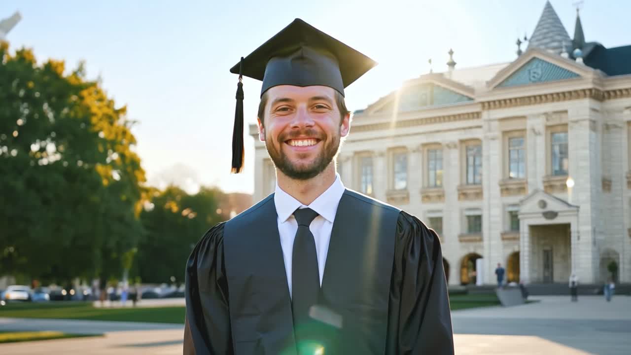A graduate smiling in front of a university building